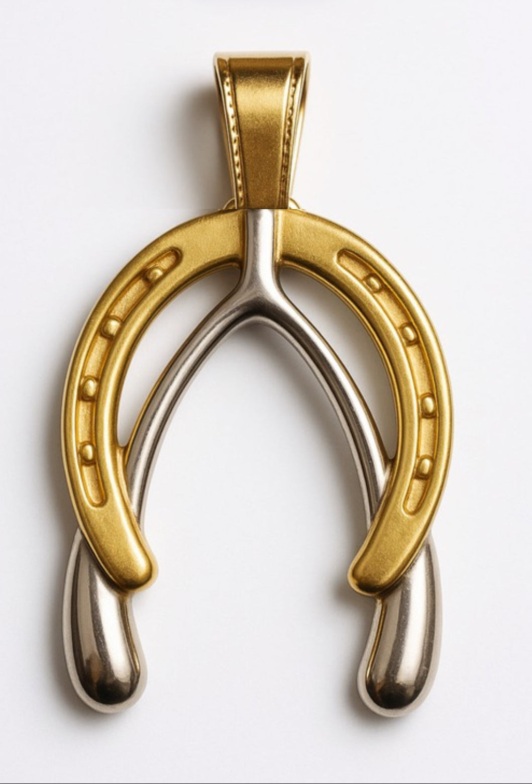 Gold and silver horseshoe pendant on a white background